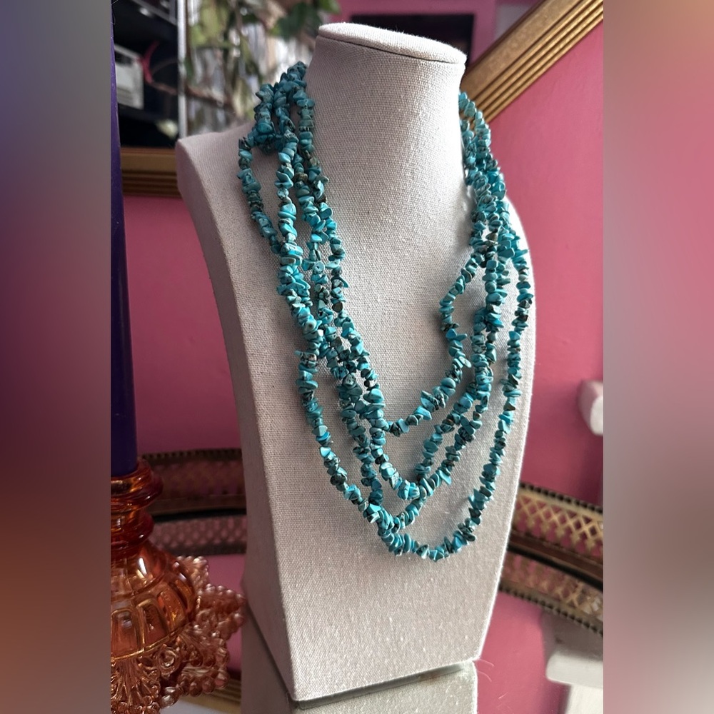 Vintage Blue Dream Looping Turquoise Chip Art Nouveau Golden Clasp Necklace